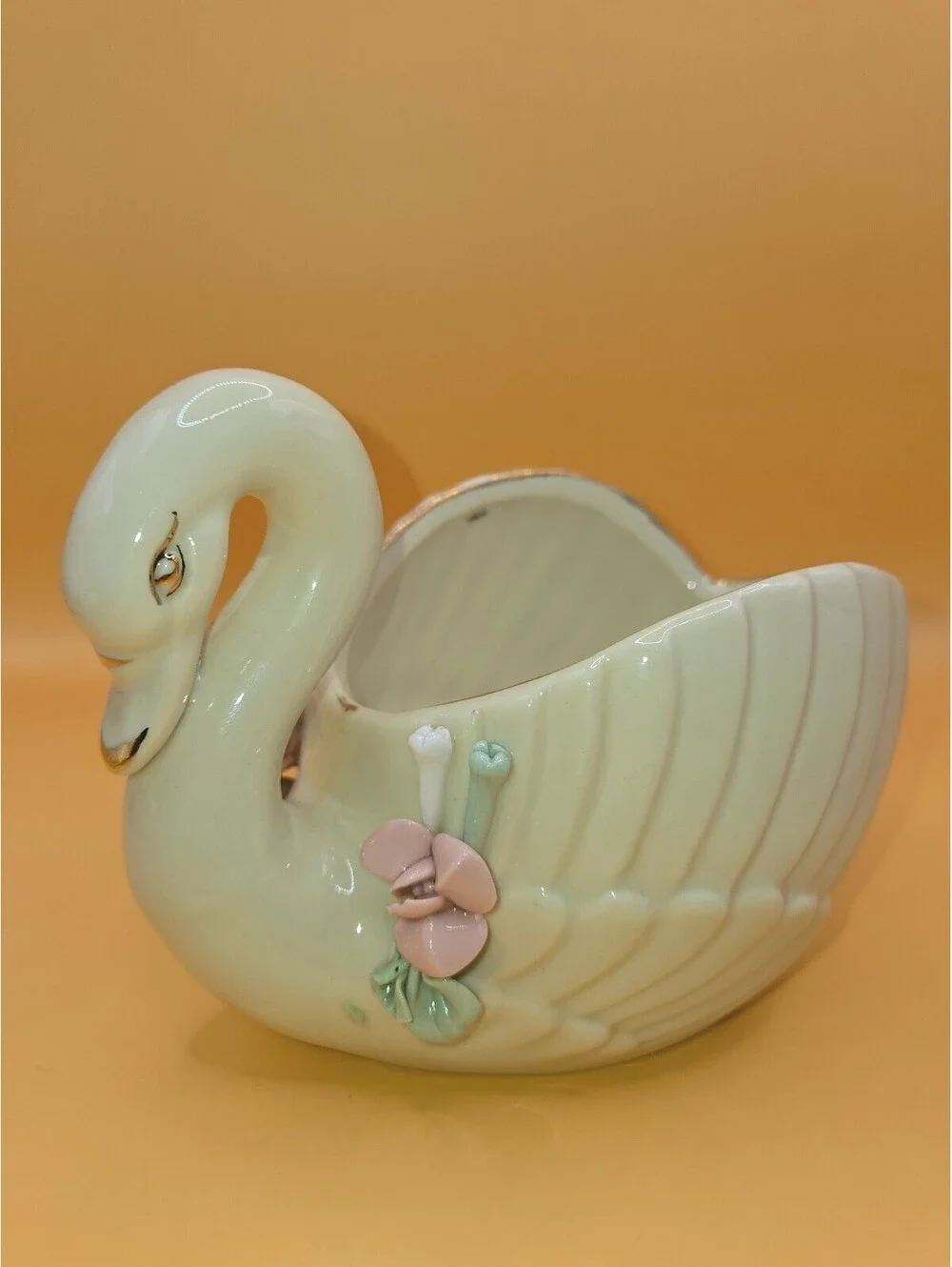 Vintage Ceramic Swan Planter with Pink Flower Accent, Made in China, Approx. 6